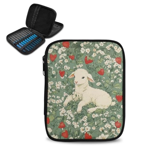 Qehuruxo Sheep Strawberry Crochet Hook Organizer Double Layer Design Zipper Closure Mesh Pockets Knitting Organizers for Travel and Home Use