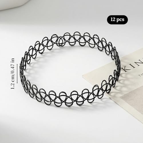 LUSTRIB 12PC 90s Tattoo Choker Necklace Set - Black Stretchy Elastic Vintage Trendy Y2K Fashion Jewelry, Adjustable Retro Gothic Grunge Aesthetic Accessories for Women by LUSTRIB - Image 2