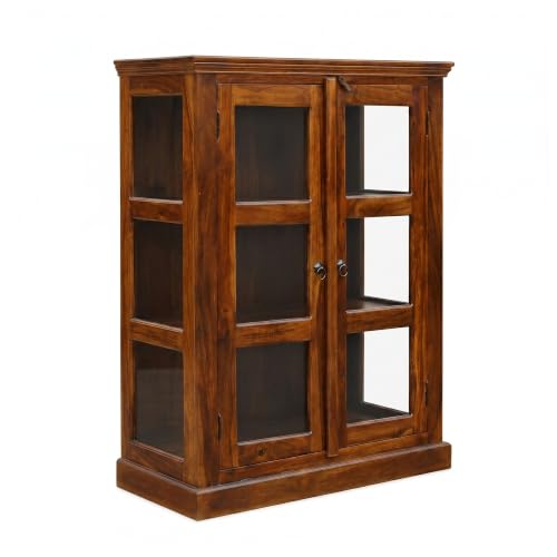 Image of Wood Crockery Cabinet with Glass Door | Wooden Showcase Almirah | Book Shelf Crockery Unit for Home & Kitchen Living Room - (Natural)