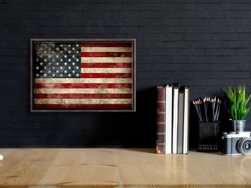 Image of Pyradecor Walnut Framed Wall Art Old Vintage American Flag Canvas Prints Abstract Landscape Pictures Paintings for Living Room Office Home Decorations