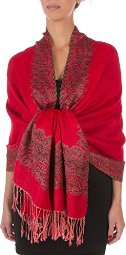 Red Elegant Reversible Paisley Border Pattern Pashmina Shawl Wrap Scarf Double Layer #WSAS