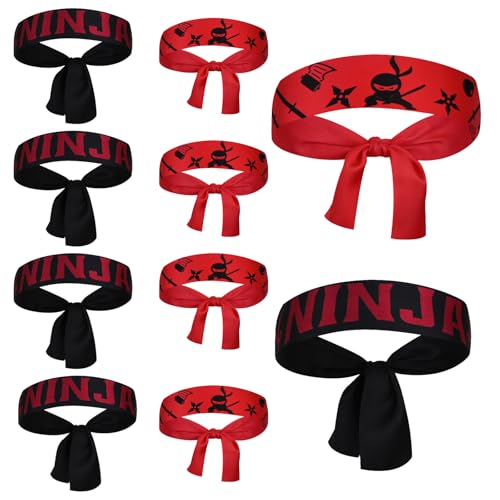 TINA.WIN Lot de 10 bandeaux ninjas pour enfants - Décoration d'anniversaire ninjago - Décoration d'anniversaire - Accessoires de karaté - Noir et rouge
