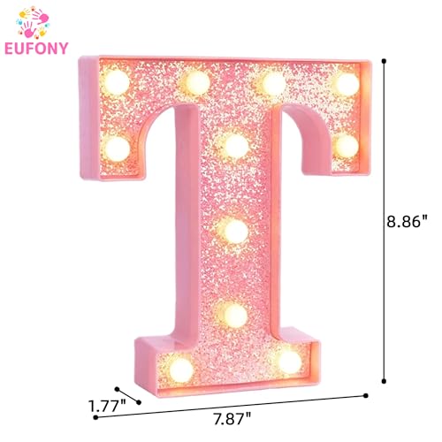 Image of Pink Marquee Light Up Letters, Glitter Alphabet LED Letter Lights for Pink Birthday Party Decorations, Battery Operated Letter Sign for Girls Room Vanity Table Decor, Warm White Lights Letter T
