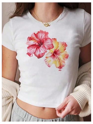 COZYEASE Girl's Floral Print Short Sleeve Crop Tops Crew Neck Slim Fit Graphic Tees Shirts4