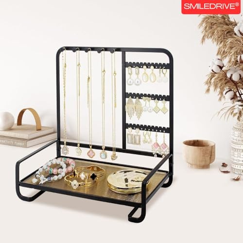 Image of SMILEDRIVE Premium Metal Jewelry Stand Organizer, Black | Sleek Tabletop Holder, For Necklaces, For Earrings, For Rings & Bracelets