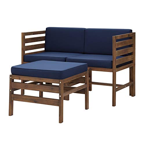 Pemberly Row Modular Acacia Patio Arm Chairs and Ottoman in Dark Brown/Navy Blue