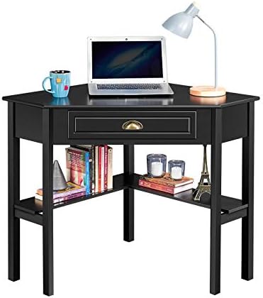 Topeakmart Home Office Writing Computer Desk with Shelves and Drawers, Corner Desk Laptop PC Table Working Station for Home Workers, Black