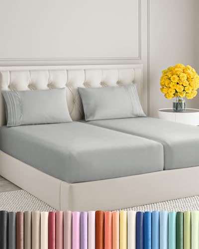 Image of Split King Size 5 Piece Sheet Set - Ultra Soft & Cooling - Light Slate Grey | Fits 8 Inch to 16 inch Mattress, Wrinkle Free & Fade Resistant with Deep Pockets, Breathable, Comfy Hotel Luxury Bedding