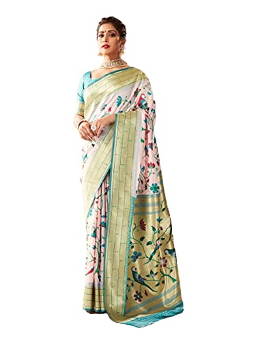 Sari paithani en soie véritable blanche pour tenue de cérémonie indienne traditionnelle 6.3m
