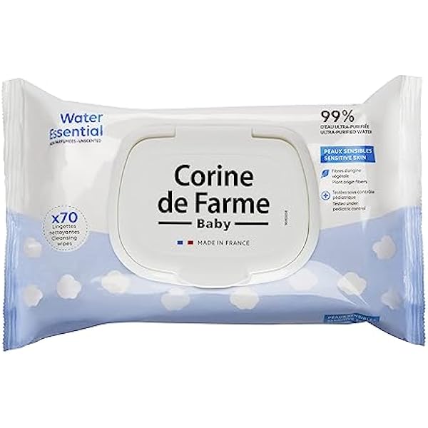 Corine de Farme - Change Water Essential Baby Wipes x70 - Vegetable Fibre Toiletry Product - 99% Ultra-Purified Water - Hygiene from Birth - Resealable Hood