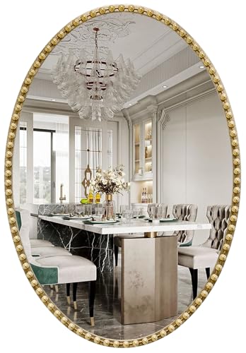 JIINGYO Gold Oval Bathroom Mirror 20x30 Inch Beaded Oval Mirrors for Wall