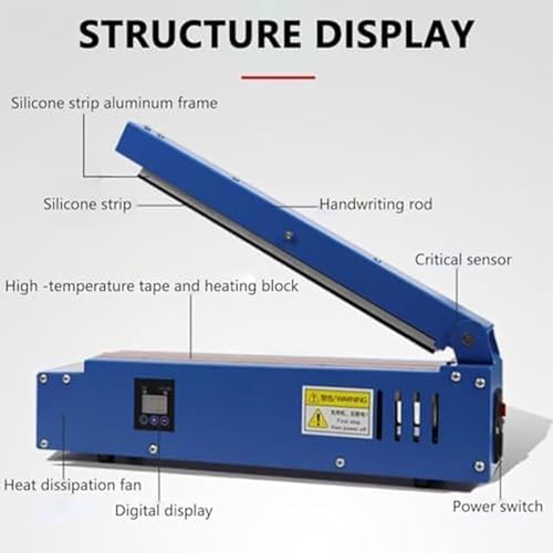 Sellador térmico manual para bolsas de alimentos, control de temperatura de 70-300 °C, potencia de 352 W, 300 mm de ancho, con sellado, corte, conteo, fecha de impresión para bolsas de polipropileno y