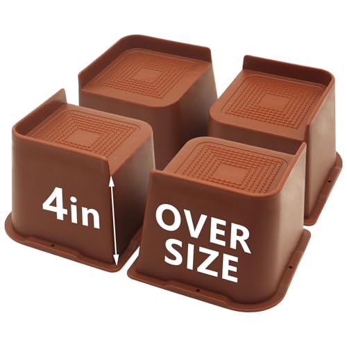 HANIHUA 4 Pack Brown Bed Risers 4 inch Heavy Duty, Oversized Furniture Risers, Bed Lifts Risers for Table, Sofa, Chair, Couch, Desk, Bed Frame Risers Supports Up to 6,500 Lbs