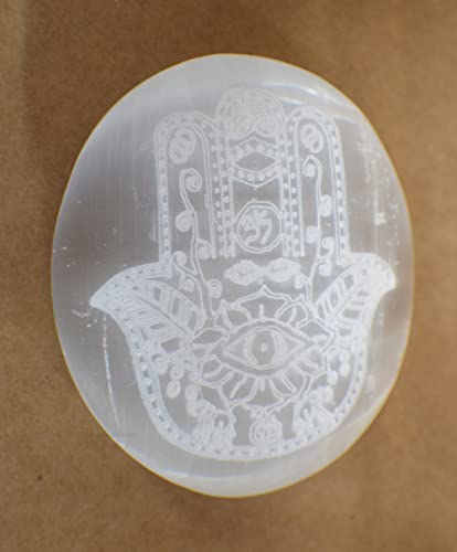 Image of Amazing Gemstone Selenite Palm Stone - Hamsa Hand Engraved Hot Massage Worry Stone for Natural Body Chakra Balancing, Reiki Healing and Crystal Grid