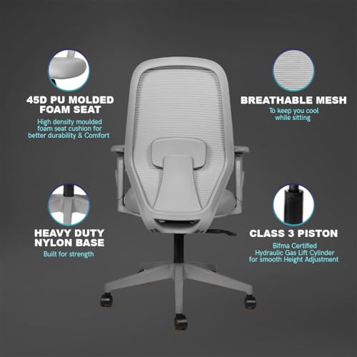 Image of Kepler Brooks Verve Office Chair for Work | 3-Year Warranty | Ergonomic Office Chair, Study Chair for Home, 2D Arms, Adjustable Lumbar, Single Lock Recliner, Heavy Duty Nylon Base (Grey)