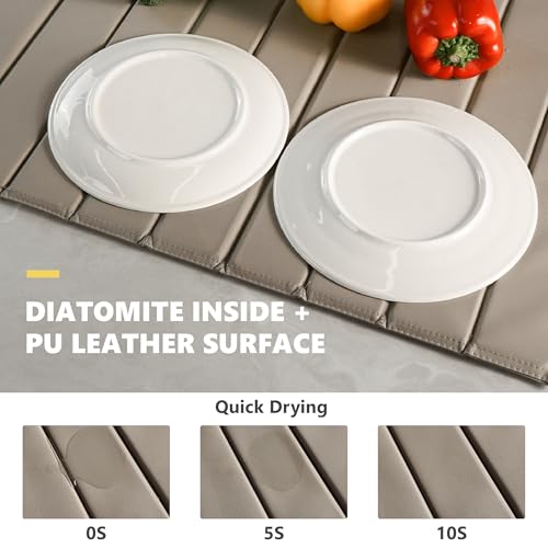 Large Stone Dish Drying Mats for Kitchen Counter, 26"×16"Foldable Quick Dry Stone Mat with PU Leather, Absorbent Diatomaceous Earth Dish Drying Mat for Bottles Cups Bathroom Any Countertop
