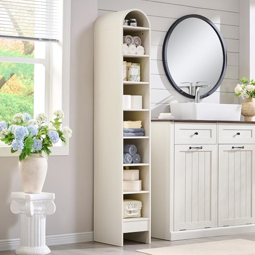 Image of IFBUY 67 inch Tall Arched Bathroom Storage Cabinet, 8-Tier Modern Farmhouse Storage Cabinet with Adjustable Shelves, Wood Freestanding Cabinet for Bathroom, Living Room, Entryway, Hallway (Antique White)