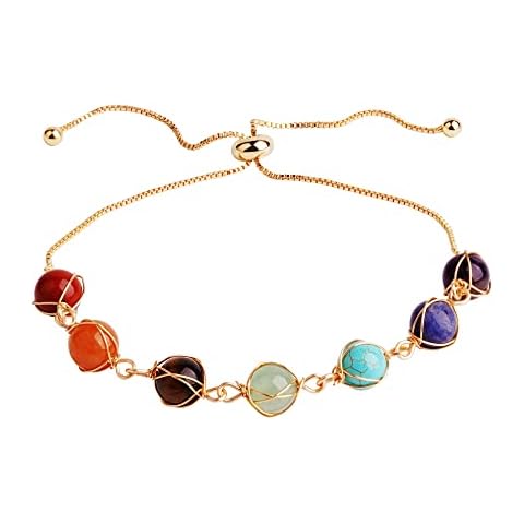 7 Chakra Bracelet 14K Gold Plated Adjustable Wire Wrapped Crystal and Healing Stones Bracelet for Women Girls Bead Cuff Bracelets, Stainless Steel, crystal Cover