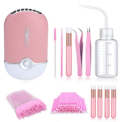 Aussido 159 PCS Eyelash Fan Set Lash Fan for Eyelash Extension Dryer Lash Shampoo Brushes Plastic Wash Squeeze Bottle Disposable Eyelash Mascara Brushes Micro Applicator Brushes and Tweezers Pink
