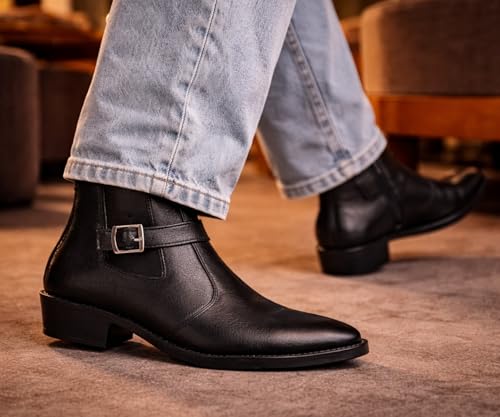 Image of Kraasa Men's Synthetic Leather Ankle Boots with Side Buckle Strap, Elastic Panel & Durable TPR Sole Casual & Formal Wear Boot