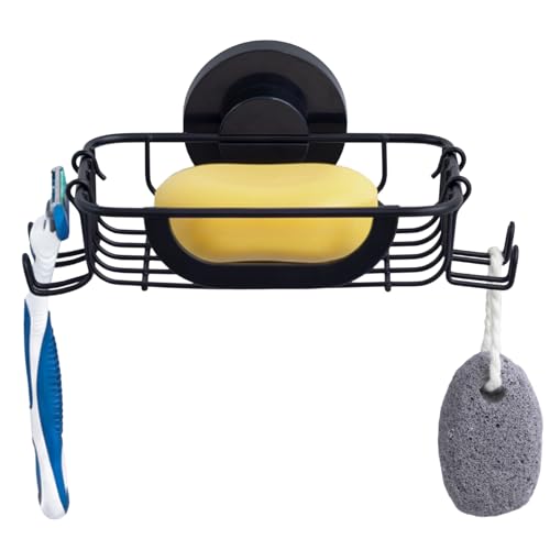 SWAMTIK Soap Holder Soap Dish Suction Cup with Hooks Stainless Steel Black