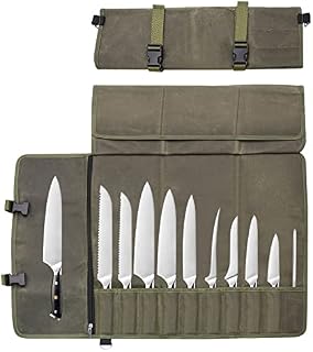 Chefs Knife Roll Bag 11 Slots, Heavy Duty Waxed Canvas Knife Bag, Hold Home Kitchen Knife Tools Up to 18, for Camping, Hiking(Army Green)