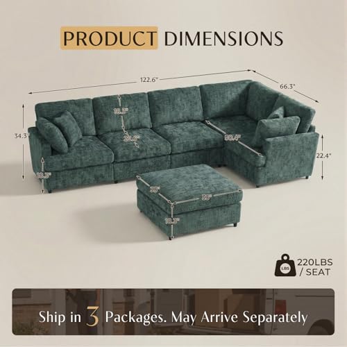 Image of 122.6 inch Chenille Modular Sectional 6 Seater Sofa, Deep Seat Couch with Ottoman & Removable Covers, Free Combination Modern Couch, L /U Shaped Modular Sectional Sofa, for Living Room, Apartment, Green