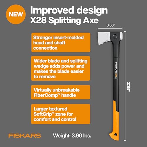 Image of Fiskars X28 Splitting Axe 28 inch, Forged Steel Blade for More One-Strike Splits on Medium Logs, Shock-Absorbing FiberComp Handle & Low-Friction Coating for Easy Removal & Rust Protection