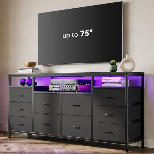 63.3 Inch Black Dresser for Bedroom, 10 Drawer Dresser TV Stand for 65 70 75 Inch TV, Fabric Chest of Drawers with LED Lights & Power Outlets, Long Entertainment Center for Closet, Living Room, Entryw