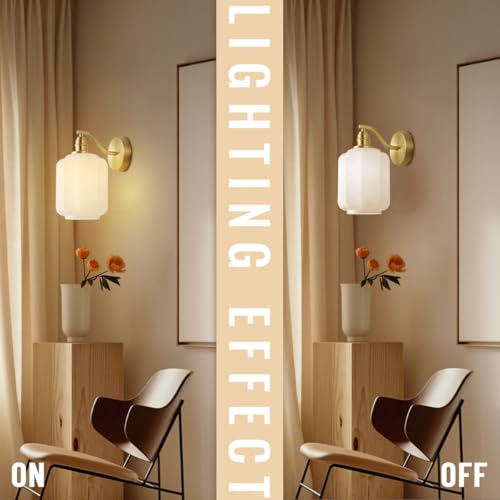 Qepeety Modern Gold Wall Sconce, 1-Light Milky White Glass Wall Light Fixture, Mid Century Bathroom Vanity Wall Lamp for Bedroom Living Room Hallway Entryway by Qepeety - Used condition - Image 2