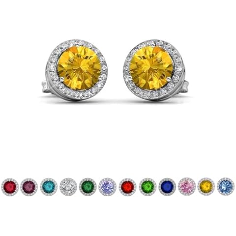 Cate & Chloe Royal 18k White Gold November Birthstone Stud Earrings for Women, Round Cut Halo Citrine Crystal Earrings, Jewelry for Women Ladies Girls, Anniversary Birthday Gift Cover