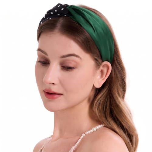 Image of ZLYC Mulberry Silk Headband for Women's Hair, Polka Dots and Dark Green | smooth luxury real silk, stretch elastic no slip fit, makeup spa skincare use, travel daily wear,boho fashion hair accessory