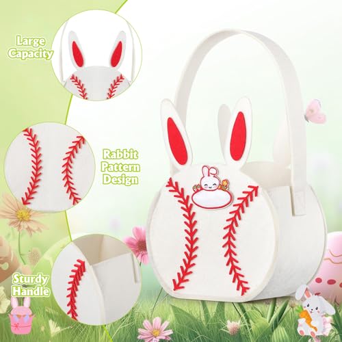 Image of Abbylike Easter Baseball Bag with Name Stickers Small Easter Candy Gift Bag Egg Hunt Bunny Baskets Rabbit Ear Baseball Bag Decoration for Kids Baby Shower Boys and Girls