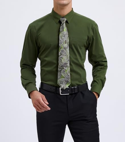 Image of HISDERN Mens Dress Shirt with Tie Pocket Square Set Classic Button Down Shirt Matching Tie Long Sleeve Shirts