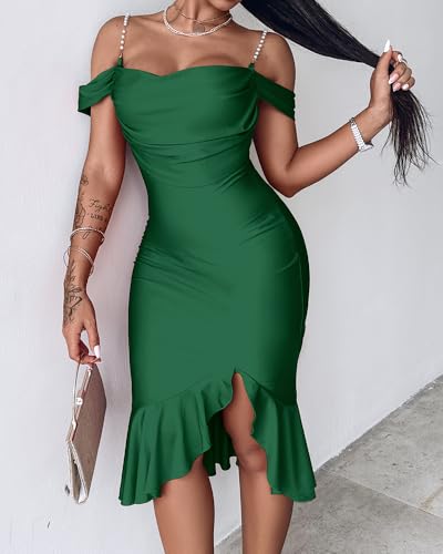 Image of CHICME Womens Sexy Bodycon Party Dress Off The Shoulder Pearls Strap Midi Dress Ruffle Hem Cocktail Dresses