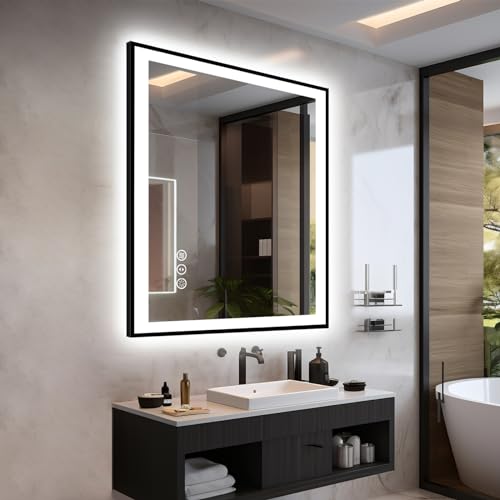 EchosLife 32x36 LED Bathroom Mirror - Black Border (Front and Backlit), Anti-Fog Vanity Mirror with Lights,Stepless Dimmable Illuminated Mirror,3 Colors Smart Mirror(Horizontal/Vertical)