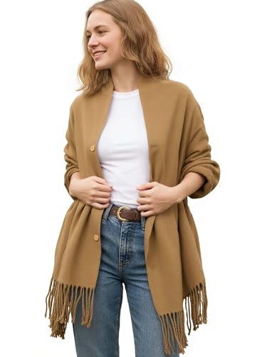 VENVSBEE Shawl Wraps For Women Fringe Shawl With Buttons Versatile Scarf Lightweight Cape Cardigan Spring Fall Winter
