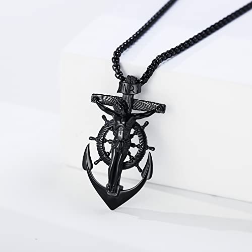 Yami Cross Necklace For Men, Titanium Steel Crucifix Jesus Boat Rudder Anchor Sailor Mens Holy Pendant With 24 Inches Chain For Boys, Faith Marine Jewelry Gifts, Black #TOP1