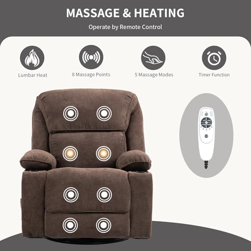 Recliner Chair with Massage& Heat Extended Footrest Armchair Padded Seat Manual Adjustable Legrest and Backrest with Cup Holders for Living Room Bedroom Home Cafe 360° Swivel, Rocking Function