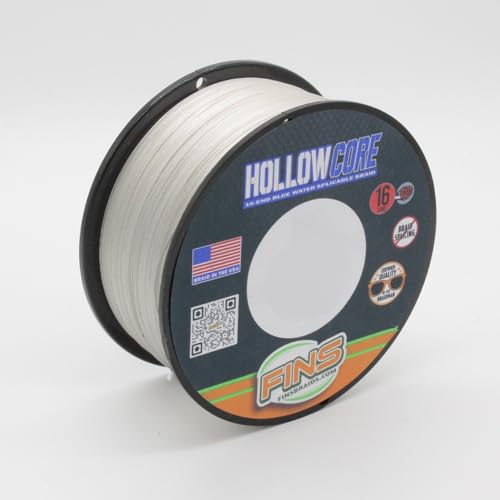FINS Hollow Core Braided Fishing Line - USA Made, Spliceable Braid for Bluewater Angling, Superior Knotless Leader Transition - 16-Strand for Increased Reel Capacity - White - 150 lb - 600 Yds