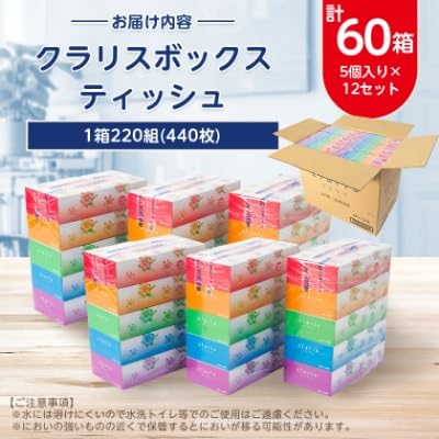 Amazon.co.jp: クラリスボックスティッシュ60箱(1箱220組(440枚))(5個