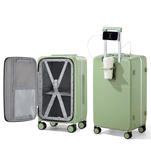 Image of Hanke Carry On Luggage 22x14x9 Airline Approved Spinner Wheels, Top Open Hard Shell Suitcases with Cup Phone Holder and Charger 20 Inch Travel Luggage, Bamboo Green, Carry On 20-Inch, Checked Luggage