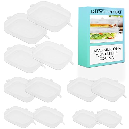 Tapas silicona ajustables cocina 12 piezas rectangulares diferentes tamaños lavables al lavavajillas transparentes