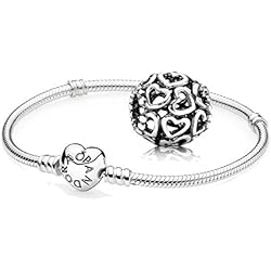 Pulsera Pandora Edicion San Valentin Pandora - Set de regalo, incluye 1 pulsera de plata con cierre de corazón y 1 colgante de plata con corazones