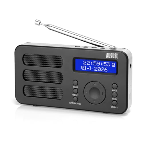 August MB225B Portable DAB/DAB+/FM Digital Radios – Rechargeable Small Radio with 40 Station Presets, RDS, Dual Alarm Clock with Snooze and Sleep Timer, 4 One-Touch Preset Buttons, Aux Out – Black