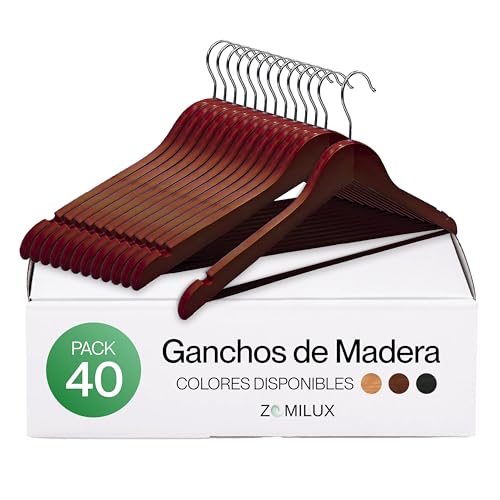 La Mejor Selección de Ganchos para abrigos - 5 favoritos. 48 ZOMILUX - 40 Ganchos De Madera para Ropa Adultos - con Barra Antideslizante Y Gancho Giratorio 360° - Perchas Ultra Resistentes para Pantalones Trajes, Faldas Y Abrigos - Color...