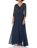 J Kara Women's Petite 3/4 Sleeve V-Neck Beaded Top Long Gown, Navy/Mercury, 12P