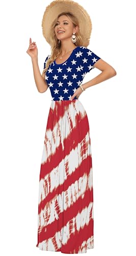 Image of AUSELILY Women's Classic Short Sleeve Loose Plain Casual Long Maxi Dresses | Year Round wear solid floral print, Casual wear, Empire waist, Floor-length, Side pockets, Short Sleeve