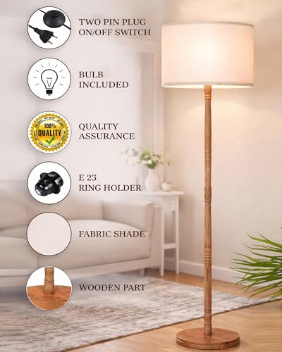 Image of Homesake Mid Century Modern Floor Lamp for Living Room | Hand Turned | Corner Lamp for Living Room, Stand Lamp with Fabric Lampshade for Bedroom, Study Room and Office, KD Off-White Drum