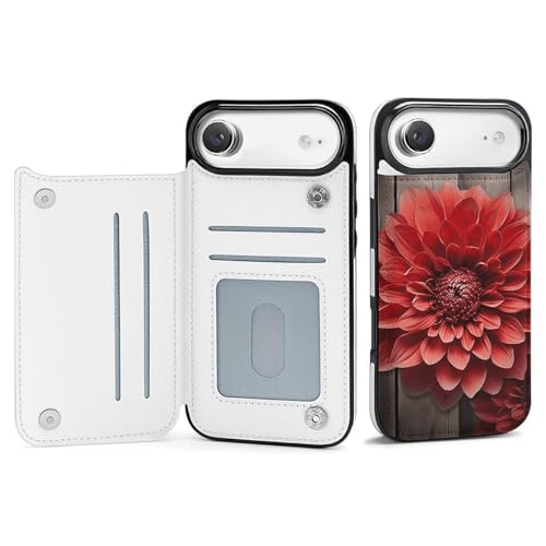 Étui portefeuille iPhone 17 avec motif dahlia rouge et fentes cartes